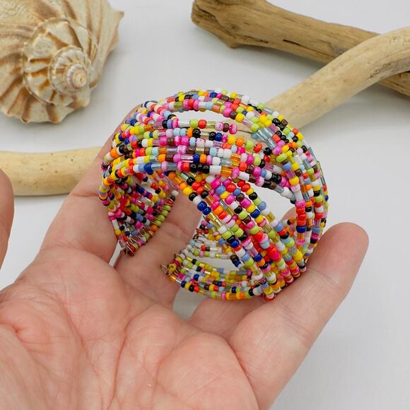 Colorful Multi-Strand Seed Bead Cuff Bracelet-Boho Festival Jewelry - Picture 5 of 5